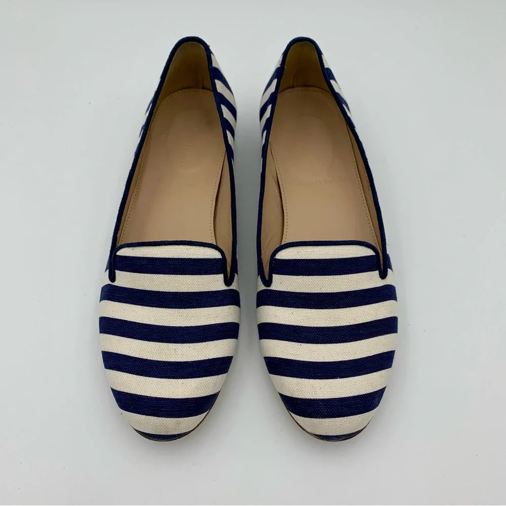 J Crew Cleo Loafers Flats Navy White Stripe Women Sz‎ 6.5 Preppy Nautical Shoes